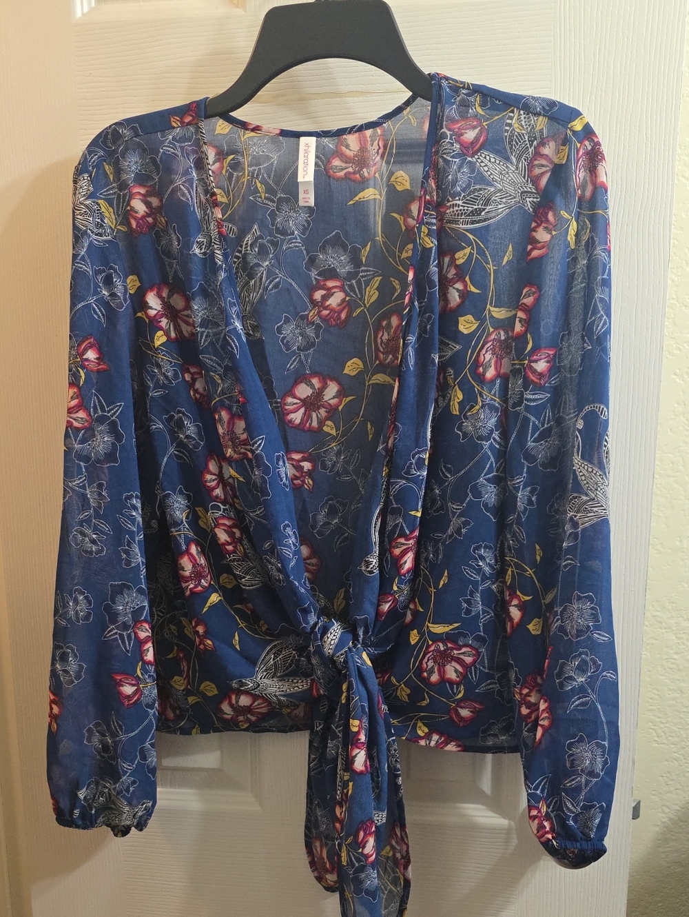 Xhilaration Navy Blue Floral Tie-Front Blouse